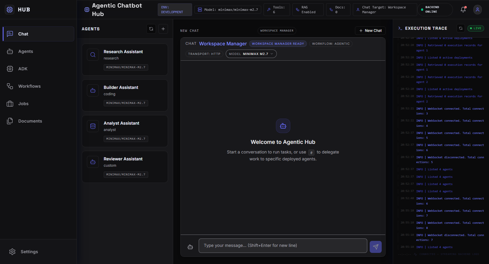 AgenticPlace chat workspace with agents, runtime status, and execution trace