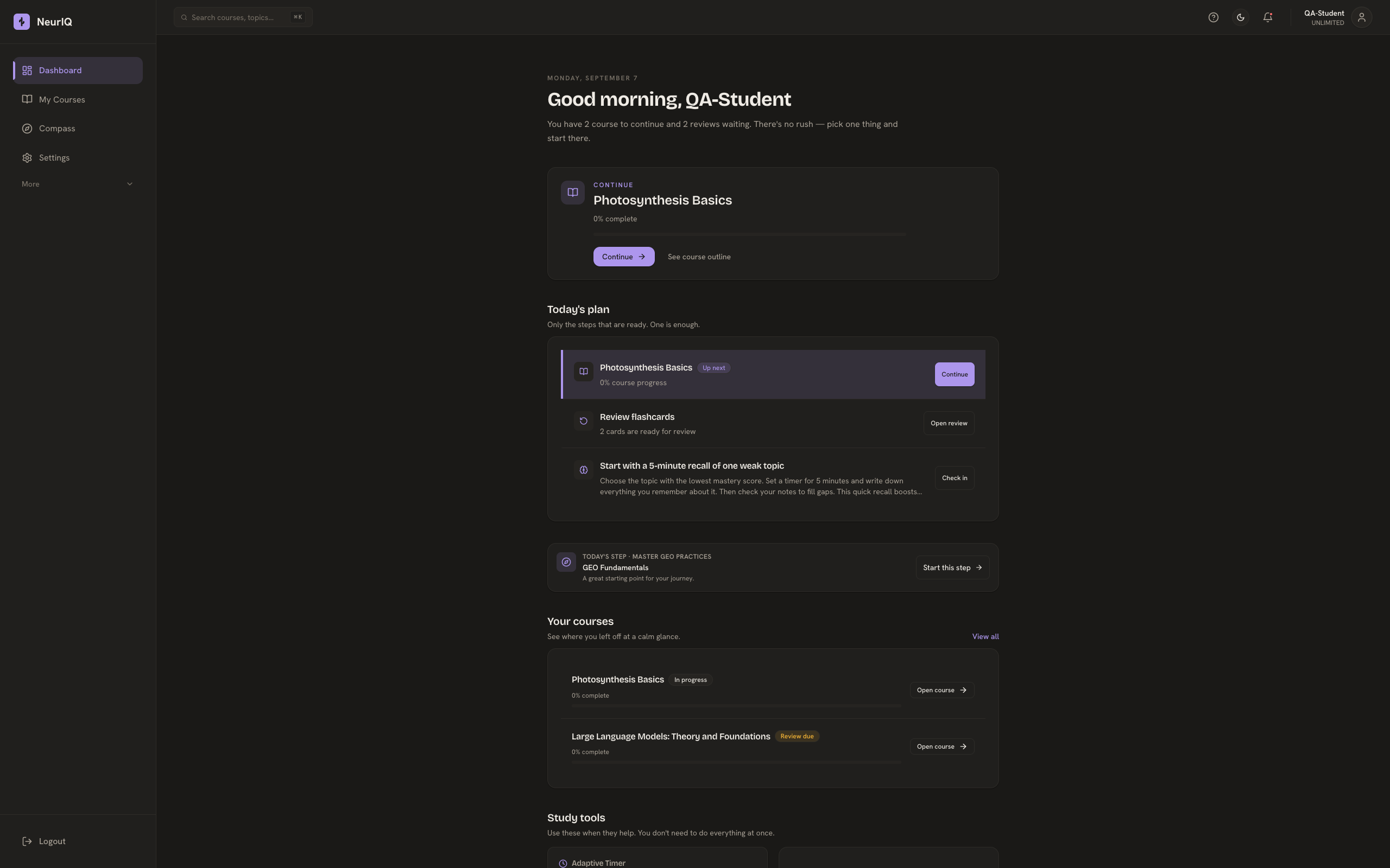 NeurIQ dashboard showing a course to continue and today's review plan