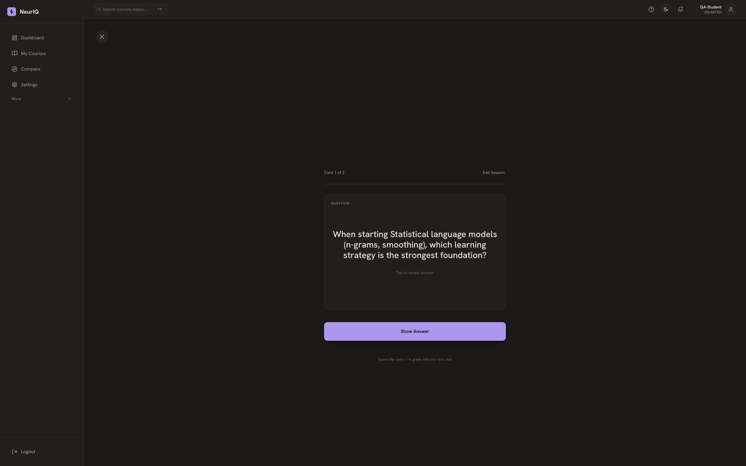 A NeurIQ flashcard question with a Show Answer button