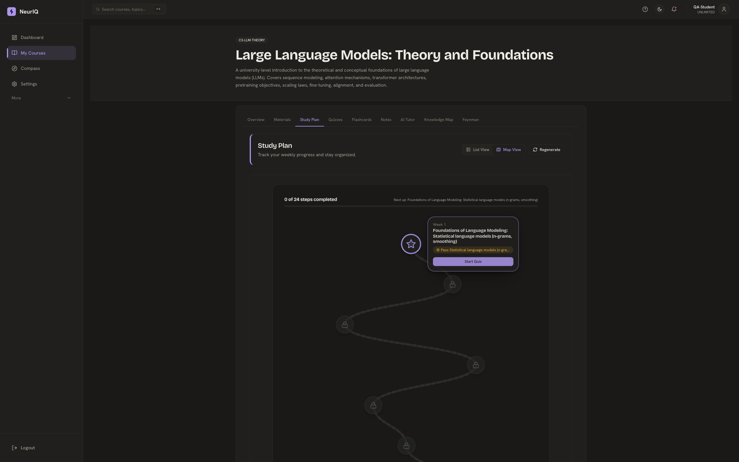A language-model course with its study plan displayed as a map